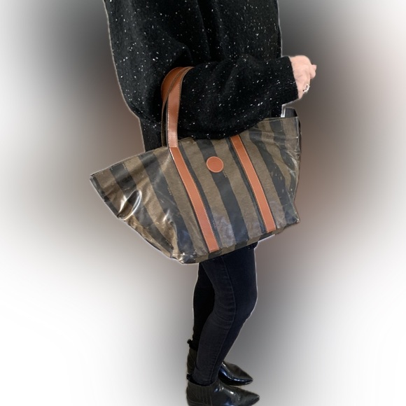 ✨ FENDI Pequin Vintage Coated Nylon Canvas and Pecan Leather Handled Tote Bag - Picture 16 of 16